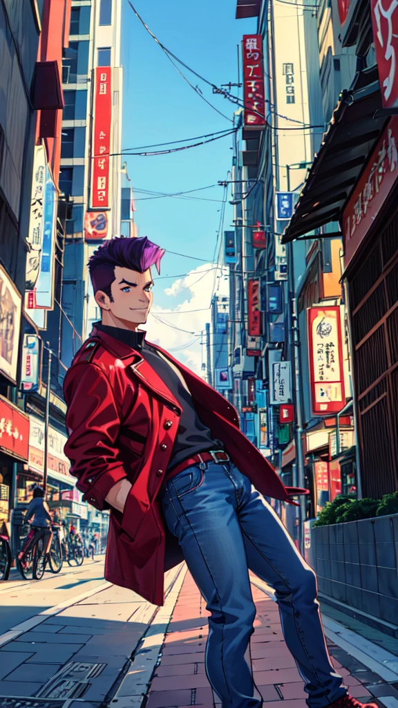 Bad boy, low angle, purple pompadour, red jacket and jeans, looking at camera, smiling, Tokyo city