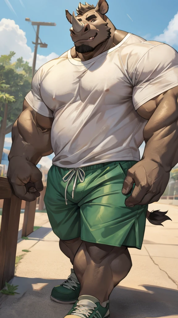 Big Rhinoceros Bara furry anthropomorphic muscular in white t-shirt green shorts 4k image 8k image resolution