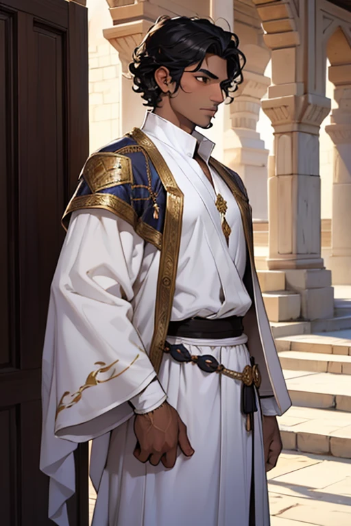 one black hair dark skin arab man, arabian clothes, royalty, warrior outfit, young man, Turkish traditional clothing, white and deep purple clothes, short curly hair, gentle expression