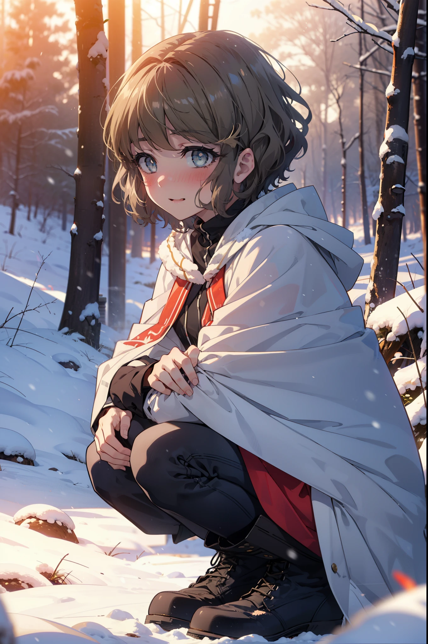 tomoekoga, Chie Koga, short hair, Brown Hair, blue eyes, hair band,smile,blush,White Breath,Medium Chest,
Open your mouth,snow,Ground bonfire, Outdoor, boots, snowing, From the side, wood, suitcase, Cape, Blurred, having meal, forest, White handbag, nature, Squat, Mouth closed, Cape, winter, Written boundary depth, Black shoes, red Cape break looking at viewer, Upper Body, whole body, break Outdoor, forest, nature, break (masterpiece:1.2), Highest quality, High resolution, unity 8k wallpaper, (shape:0.8), (Beautiful and beautiful eyes:1.6), Highly detailed face, Perfect lighting, Highly detailed CG, (Perfect hands, Perfect Anatomy),