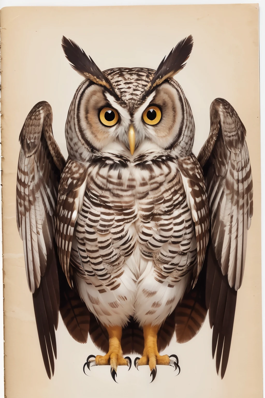 drawing of an owl, with brown feathers and big, wise eyes, with open wings