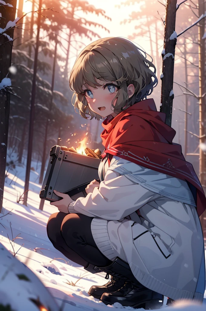 tomoekoga, Chie Koga, short hair, Brown Hair, blue eyes, hair band,smile,blush,White Breath,Medium Chest,
Open your mouth,snow,Ground bonfire, Outdoor, boots, snowing, From the side, wood, suitcase, Cape, Blurred, having meal, forest, White handbag, nature, Squat, Mouth closed, Cape, winter, Written boundary depth, Black shoes, red Cape break looking at viewer, Upper Body, whole body, break Outdoor, forest, nature, break (masterpiece:1.2), Highest quality, High resolution, unity 8k wallpaper, (shape:0.8), (Beautiful and beautiful eyes:1.6), Highly detailed face, Perfect lighting, Highly detailed CG, (Perfect hands, Perfect Anatomy),