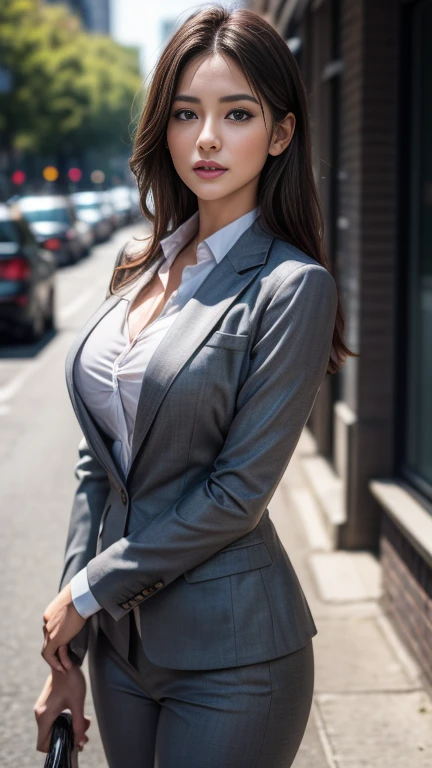 (8k, RAW Photos, 最high quality, masterpiece: 1.2), (Realistic, photoRealistic: 1.37), 1 Woman in a suit standing on the sidewalk, Cityscape, Day, Sunny Morning, Professional Lighting, Photon Mapping, Radio City, Brazilian Women, Torn, shirt, Woman in a suit, Silk Suit, masterpiece, 最high quality, high quality, High resolution, Big Tits, ((Face close-up)),