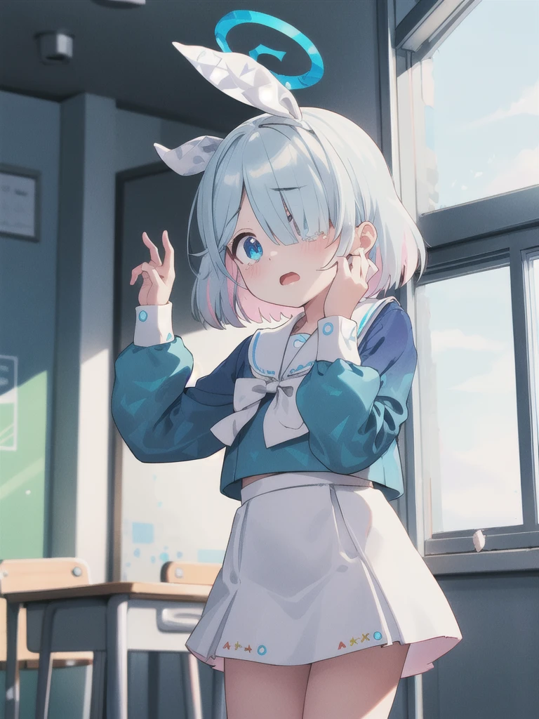 masterpiece,Highest quality,indoor,Ruined classroom,noon,blue sky,1 Girl,Halo,Cry with your eyes open,Open your mouth,Blue school shirt,Long sleeves,White Skirt,Focus on face,