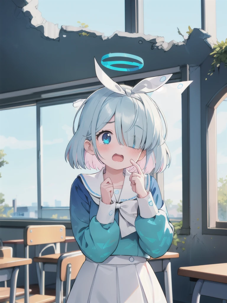 masterpiece,Highest quality,indoor,Ruined classroom,noon,blue sky,1 Girl,Halo,Cry with your eyes open,Open your mouth,Blue school shirt,Long sleeves,White Skirt,Focus on face,