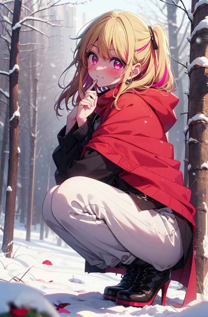 rubyhoshino, Hoshino Ruby, Long Hair, bangs, Blonde, (Pink Eyes:1.3), Side Lock, (Symbol-shaped pupil:1.5), Multicolored Hair, Two-tone hair, smile,,smile,blush,White Breath,
Open your mouth,snow,Ground bonfire, Outdoor, boots, snowing, From the side, wood, suitcase, Cape, Blurred, , forest, White handbag, nature,  Squat, Mouth closed, Cape, winter, Written boundary depth, Black shoes, red Cape break looking at viewer, Upper Body, whole body, break Outdoor, forest, nature, break (masterpiece:1.2), Highest quality, High resolution, unity 8k wallpaper, (shape:0.8), (Beautiful and beautiful eyes:1.6), Highly detailed face, Perfect lighting, Highly detailed CG, (Perfect hands, Perfect Anatomy),