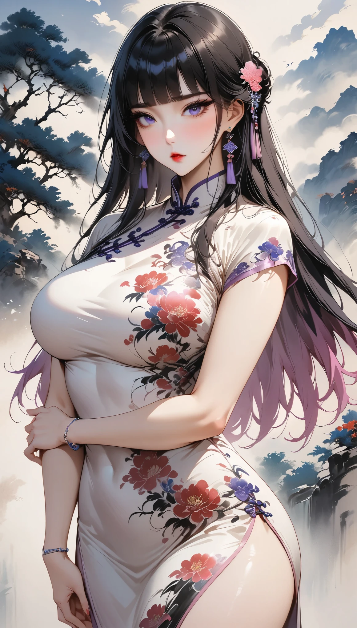 (Masterpiece, Best Quality: 1.3), 1girl, (Conservatively Dressed: 1.8), pink-purple cheongsam, pink-purple qipao, (Mature: 1.4), Cold Eyes, Gorgeous Accessories, very aesthetic, national painting, Clothing ink painting style, gradient hair, blunt bangs, blunt bangs, high detail, cowboy shot, Masterpiece, super detail, best quality