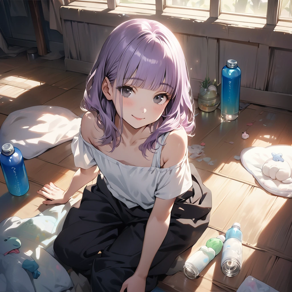 (Cute a girl:1.5), (Off-the-shoulder white plain T-shirts, black sarouel pants:1.1),(masterpiece:1.3), anime visual,  (Lovey-dovey:1.5), (tilt head:1.3), extremely delicate face, realistic lighting and shading, (an extremely delicate and beautiful art:1.3),15 years old,smiling,pale purple wavy and blunt bangs hair,green and black eyes,smiling,from front,fullbody shot,full body shot,At a night lesson, students were seen with sports towels around their necks and drinking water from plastic bottles,