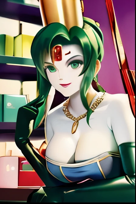 (masterpiece,Highest quality,Very delicate,Perfect Face,16K,High resolution,Very beautiful woman), Atsugessho:1.2,  Green Hair,Blue latex bodycon dress, Long latex gloves, Green tights, Large Breasts, Gold Headpiece, Pale skin, Red gem on forehead, Pink Mist, ((Cosmetics counter)), Holding a big red ball attached to a rope, necklace, A seductive smile, (Very shiny)