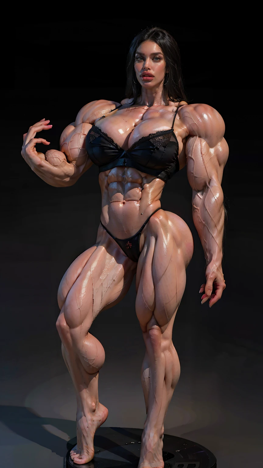 (megan fox), ((((female bodybuilder)))), (((((very muscular))))), (((huge upper body))), (((narrow hips))), long hair, ((black sexy lingerie)), ((((full body front view)))), (((perfect hands, perfect fingers))), ((grey background))