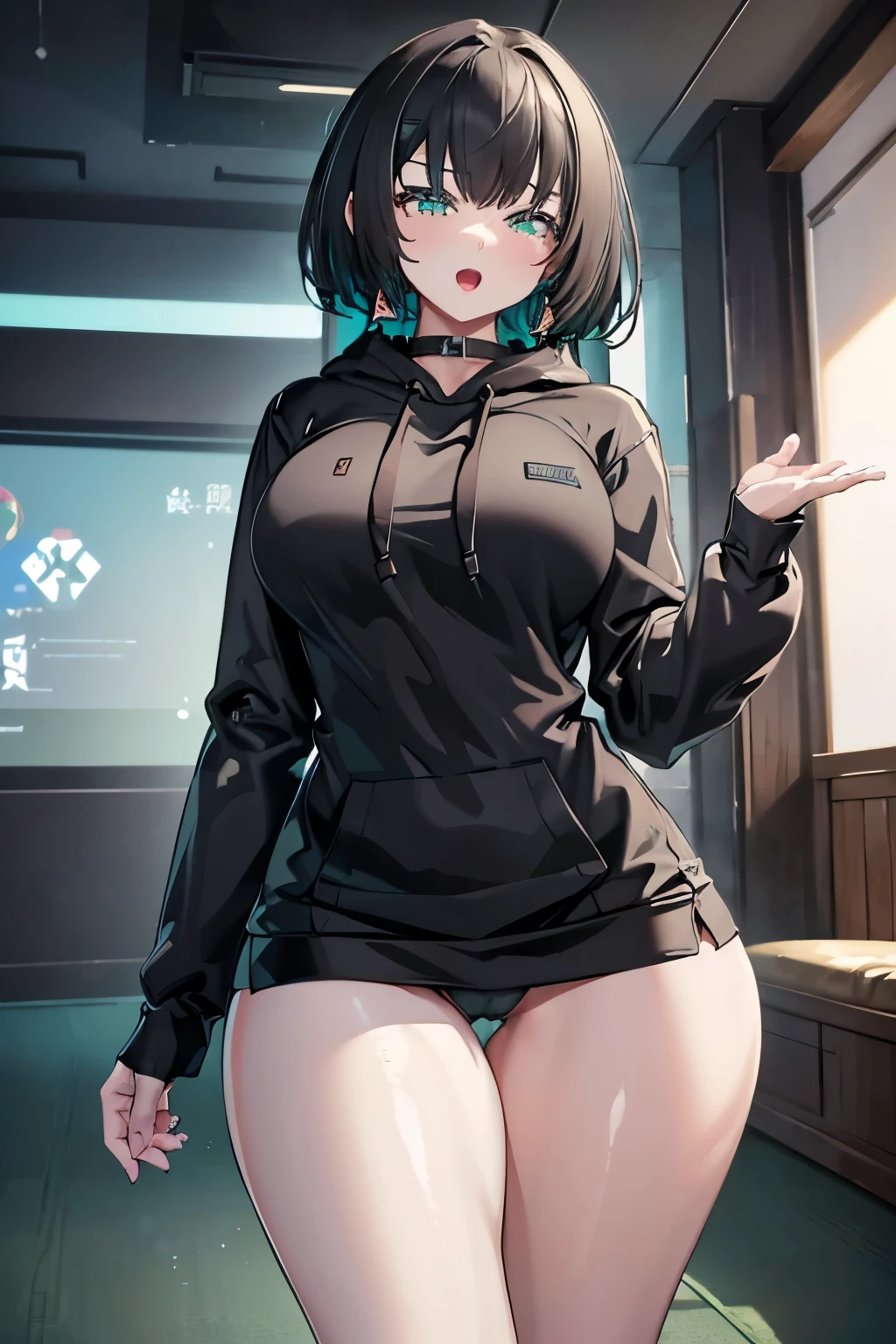 masterpiece, Highest quality, 1 person,( Large Breasts,Are standing, View your audience,),Detailed Background、A person who writes in detail、Accurate human body、Knowledgeable person、Accurate 5-finger,Mature Woman,Thighsが太い,Cruby Body,allmind,Long sleeve、Thighs、alone,((Oversized hoodie,)),slave collar