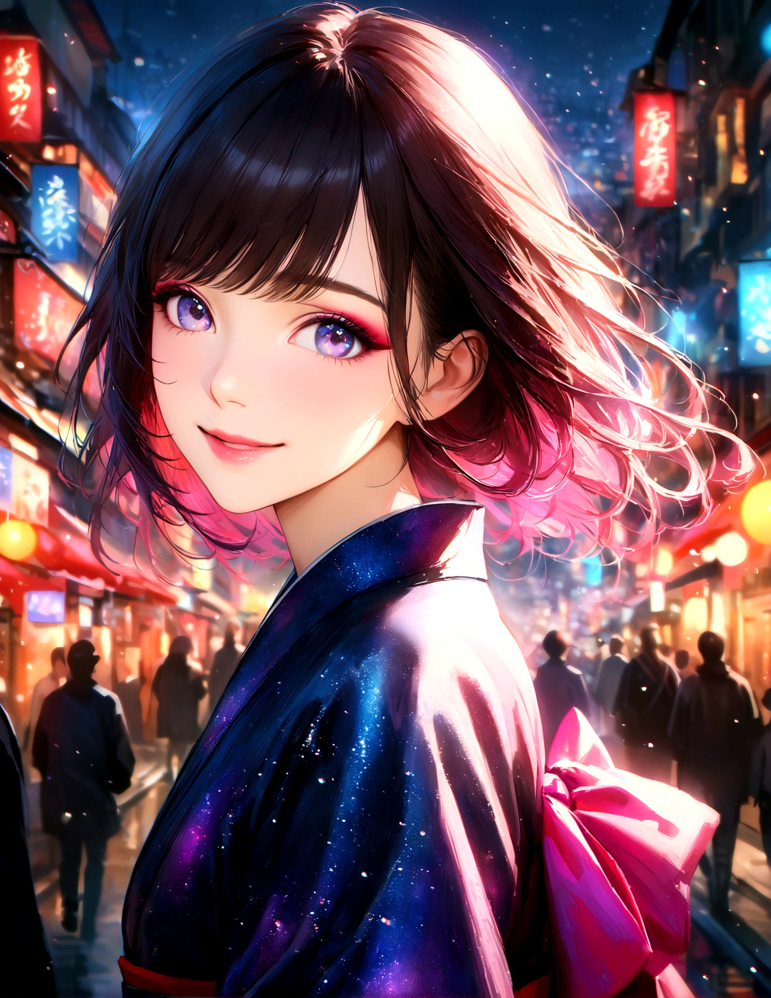 Kyoto cityscape, kimono,Maiko makeup,Blur the background,young woman,smile,Glitter effect,Highest quality,8K, High resolution, masterpiece:1.2, Very detailed, Realistic:1.37, High resolution, 超High resolution, Ultra-fine painting, Very detailedな, Vibrant colors
