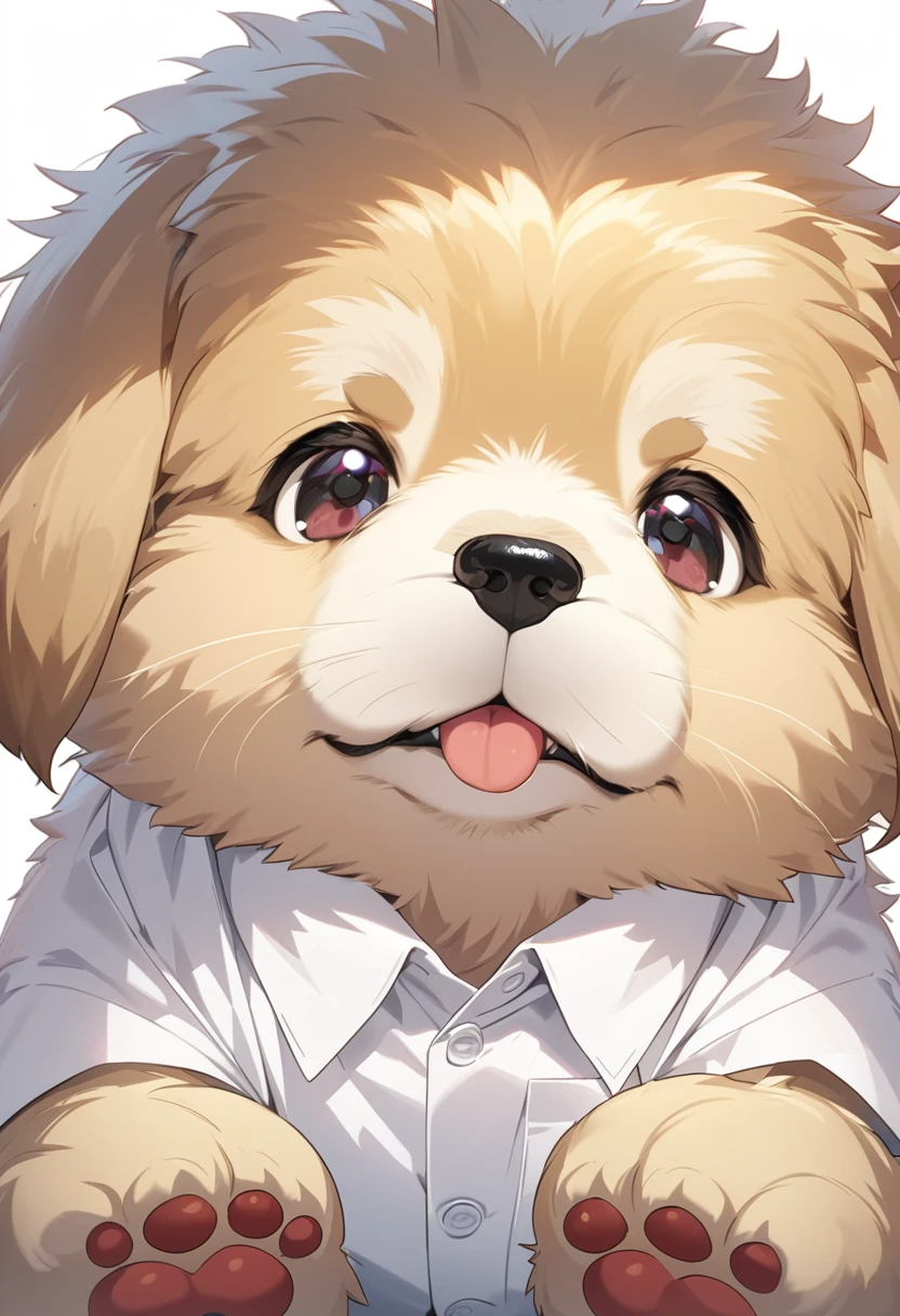 masterpiece, best quality, extremely detailed, anime,fluffy puppy , happy, (( dog has his nose close to his white business shirt.,no human))