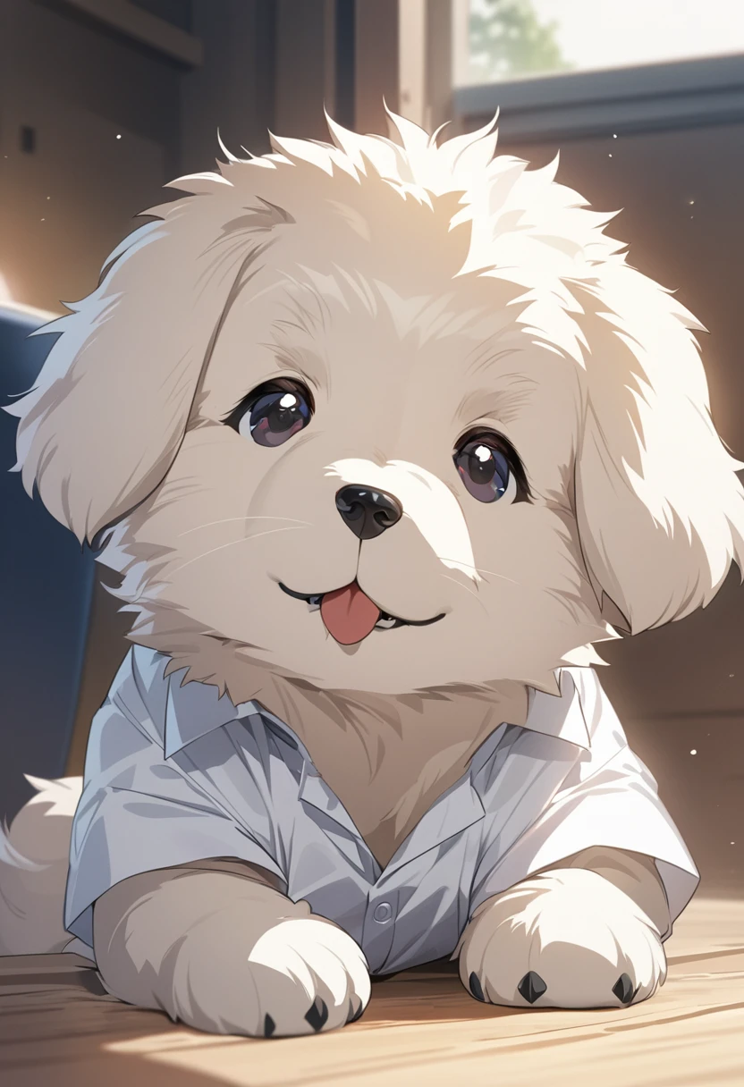 masterpiece, best quality, extremely detailed, anime,fluffy puppy , happy, (( dog has his nose close to his white business shirt.,no human))