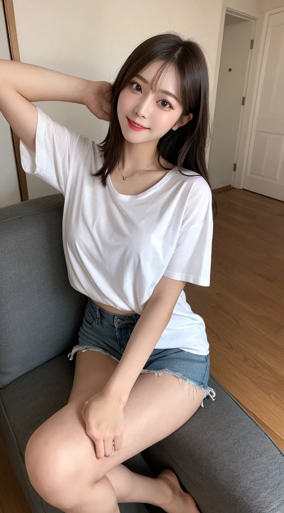 Tabletop, Highest quality, figure, Very detailed, In detail, High resolution, 8k wallpaper, Perfect dynamic composition, Beautiful fine details, ,Straight Hair,、Natural color lip, Bold y pose,smile,luxury house room、20-year-old girl、cute、sexhot looking at camera,Ultra-realistic raw photos,My chest is open、whole body、Thighs、Sexy p、Leg spread、White、T-Shirts、Nipples able