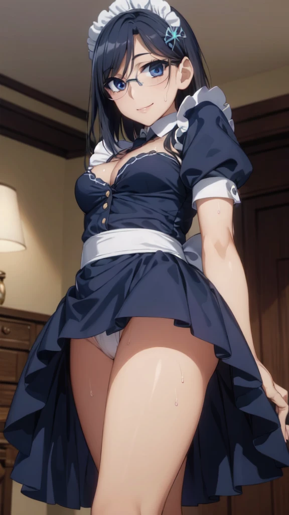 (From below:1.2),One Girl,18-year-old,(Perfect hands:1.3), Perfect Fingers,Perfect , (masterpiece:1.3), Highest quality,Realistic, hyperRealistic, 16k hdr, morning, short hair,Put your arms behind your back,Aesthetic Anime Eyes,Condescending eyes,Beautiful Eyes,(Beautiful female hands:1.3),Small hands,(Thin fingers:1.3), (Navy Blue Hair), blue eyes, Glasses,Something like that, Cafe,Are standing,(Sweat:1.3),(smile:1.2),Big Breasts,Cleavage,(Sexy maid outfit,Head ornament:1.2),Ultra ,Frills,Sexy maid outfit,White ,raise one leg slightly,