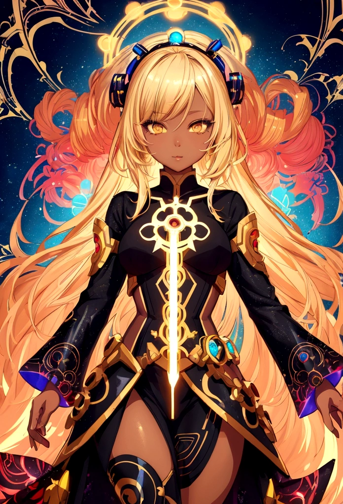 a drawing of a woman with blonde hair, inspired by rossdraws, afrofuturism, super cute funky black girl, beautiful glowing lights, artwork in the style of guweiz, covered in jewels, holiday vibe, ufotable art style, vibrant cartoon art, black girl