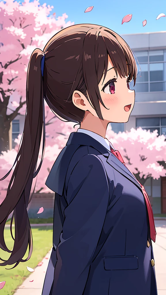 High school girls are excited about the start of a new school term High school girl, upper body, side profile The background is a school building with cherry blossom petals falling in the air.