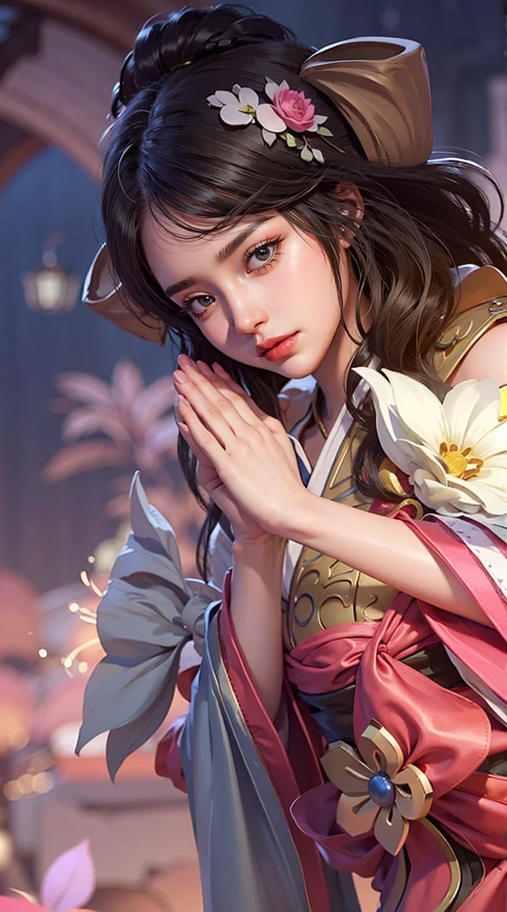   Close-up from waist to head:
  A beautiful young Korean woman .
 black hair, seeds, Foot-length , bangs covering the forehead.
 honey-colored eyes , expressive, obfuscating, bioluminescentes. 
 Medium and pointed breasts . 
 fine winding.
Dressed in a modern samurai outfit, with cloud print .
in battle pose.
profile view.
 simple background , matte, red in color.
(anime style 32K, 3d, HDR, UHD, intricate detail, extremely intricate detail, hyperrealistic, extremely realistic, high quality,    vivid color   , extremely detailed).