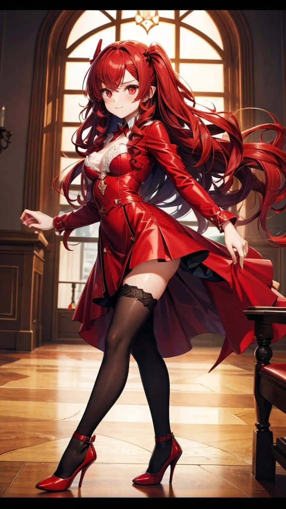 (Naked) Masterpiece, best quality, 1_woman, (upper body), (Caucasian skin_complexion) (showing offher butt) bent  , long double hair braids, dark red hair, diamond shaped eyes, , large_bust, chest window, cleavage, dark red (Victorian blazer),tan halter top blouse, double button breast, long dark red (Lolita skirt), silver trim, black tights, barefoot, small waist