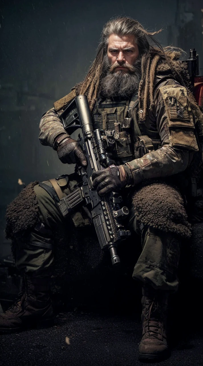 a detailed portrait of a bearded man in military uniform, sitting and holding a beer, wearing sunglasses, grey facial hair, grey hair, tattoo, bulletproof vest, load bearing vest, knee pads, camouflage, blurry background, (best quality,4k,8k,highres,masterpiece:1.2),ultra-detailed,(realistic,photorealistic,photo-realistic:1.37),extremely detailed eyes and face,longeyelashes,military,war,soldier,weapon,sitting,uniform,solo,blurry