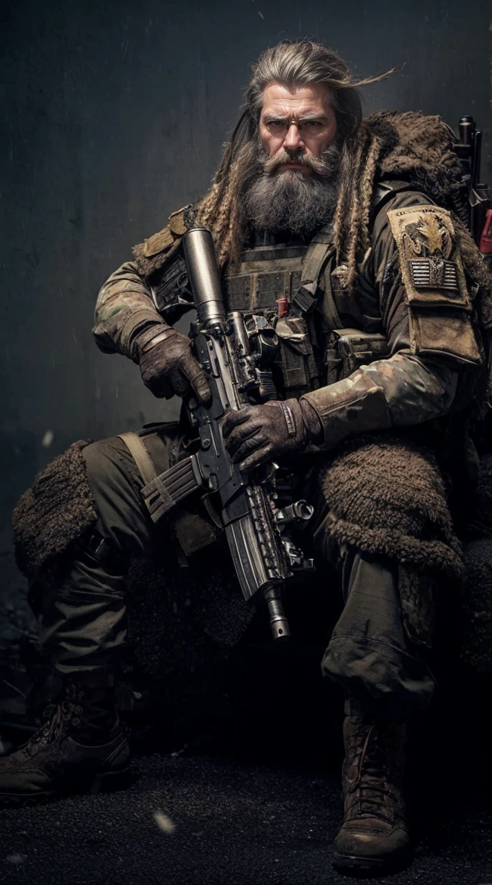 a detailed portrait of a bearded man in military uniform, sitting and holding a beer, wearing sunglasses, grey facial hair, grey hair, tattoo, bulletproof vest, load bearing vest, knee pads, camouflage, blurry background, (best quality,4k,8k,highres,masterpiece:1.2),ultra-detailed,(realistic,photorealistic,photo-realistic:1.37),extremely detailed eyes and face,longeyelashes,military,war,soldier,weapon,sitting,uniform,solo,blurry
