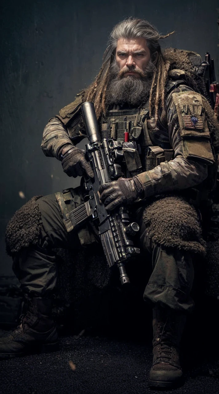 a detailed portrait of a bearded man in military uniform, sitting and holding a beer, wearing sunglasses, grey facial hair, grey hair, tattoo, bulletproof vest, load bearing vest, knee pads, camouflage, blurry background, (best quality,4k,8k,highres,masterpiece:1.2),ultra-detailed,(realistic,photorealistic,photo-realistic:1.37),extremely detailed eyes and face,longeyelashes,military,war,soldier,weapon,sitting,uniform,solo,blurry