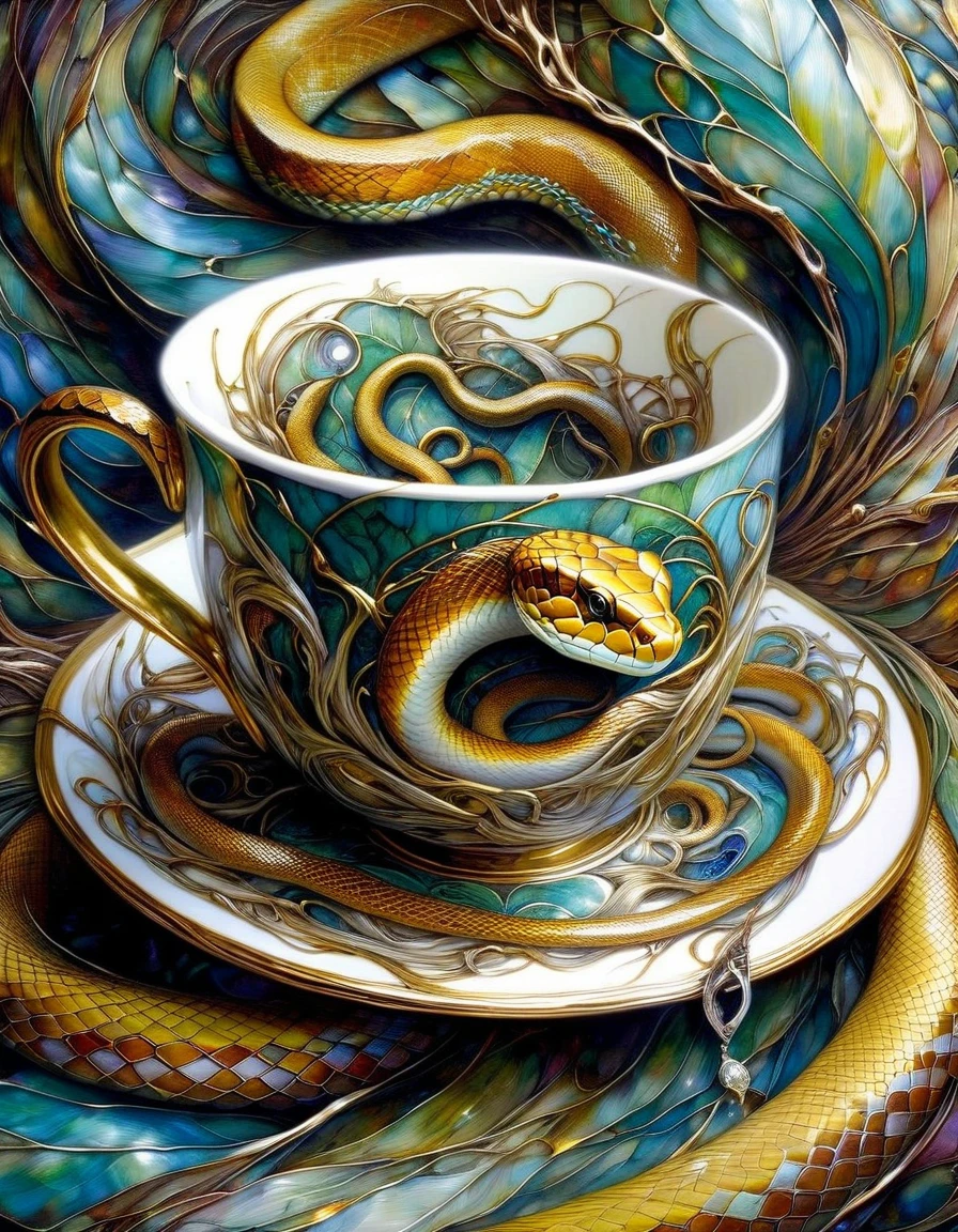 luxurious cup inside which there is a snake (art inspired by Brian Froud and Carne Griffiths and Wadim Kashin, intricate details, oil painting)