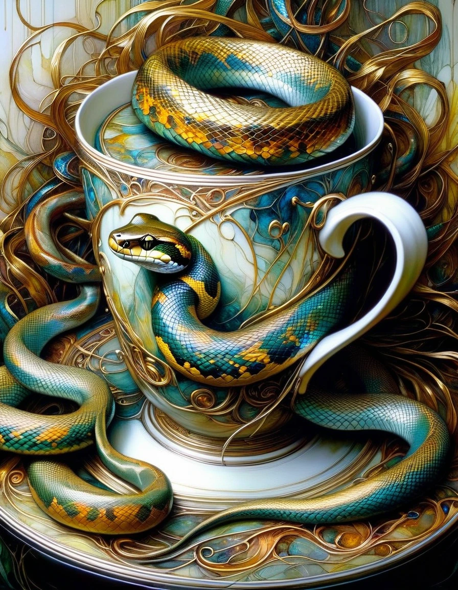 luxurious cup inside which there is a snake (art inspired by Brian Froud and Carne Griffiths and Wadim Kashin, intricate details, oil painting)
