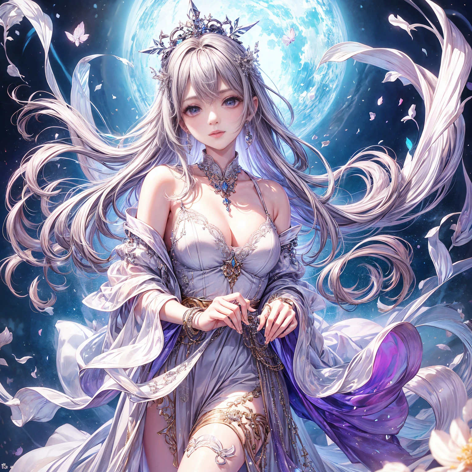 (Highest quality, 8K, CG), Beautiful and exquisite upper body, Delicate face,purplish-silver hair,Wavy Hair, Fluffy long hair,Gradient Hair, Waist-length hair,Wearing a circlet, Purple eyes, Almond Eye, Exquisite eye makeup, 長さ eyelashes fluttering, Starry Sky, Delicate lip detail, Soft and harmonious style, shoulders, bracelet,gem,Suspended particles,romantic,grace,Elegance and fragility、Glamour
