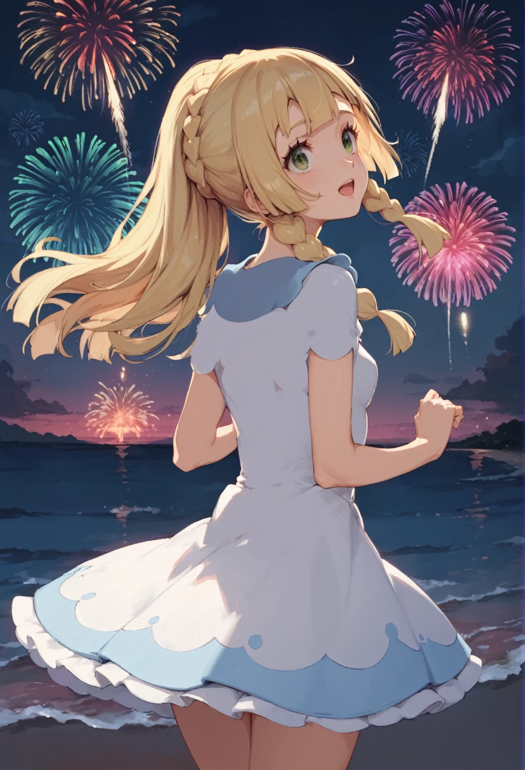 score_9,score_8_up,score_7_up,cowboy shot,((HENTAI Anime)),(details background),1girl,lillie(pokemon),open mouth,look up sky,night,sky,back view,Lots of fireworks,sea