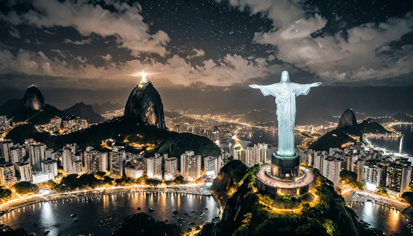 Reality,4K,8K, Vibrant and colorful night scenery ,Brazil,Rio de Janeiro,Christ the Redeemer ,grayscale