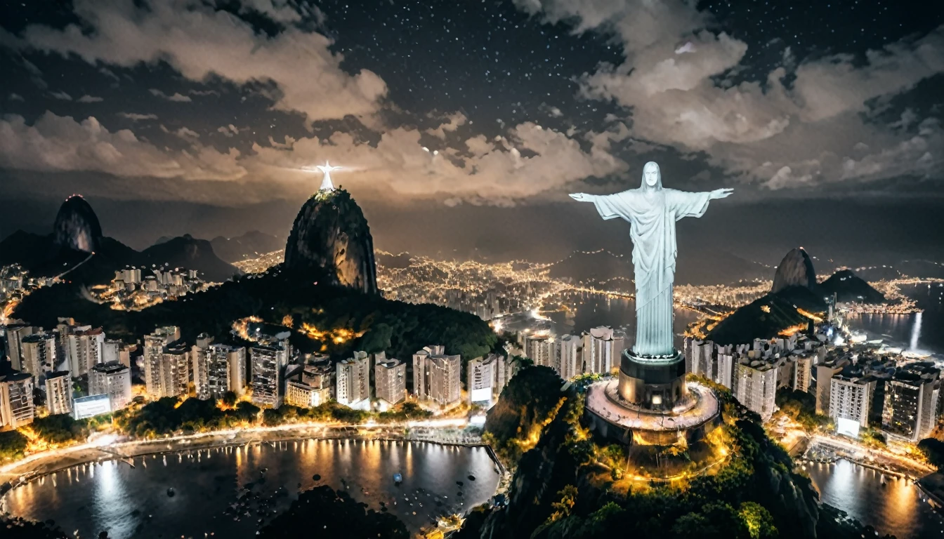 Reality,4K,8K, Vibrant and colorful night scenery ,Brazil,Rio de Janeiro,Christ the Redeemer ,grayscale