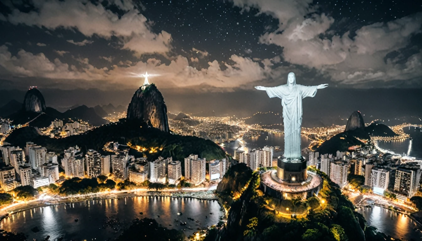 Reality,4K,8K, Vibrant and colorful night scenery ,Brazil,Rio de Janeiro,Christ the Redeemer ,grayscale