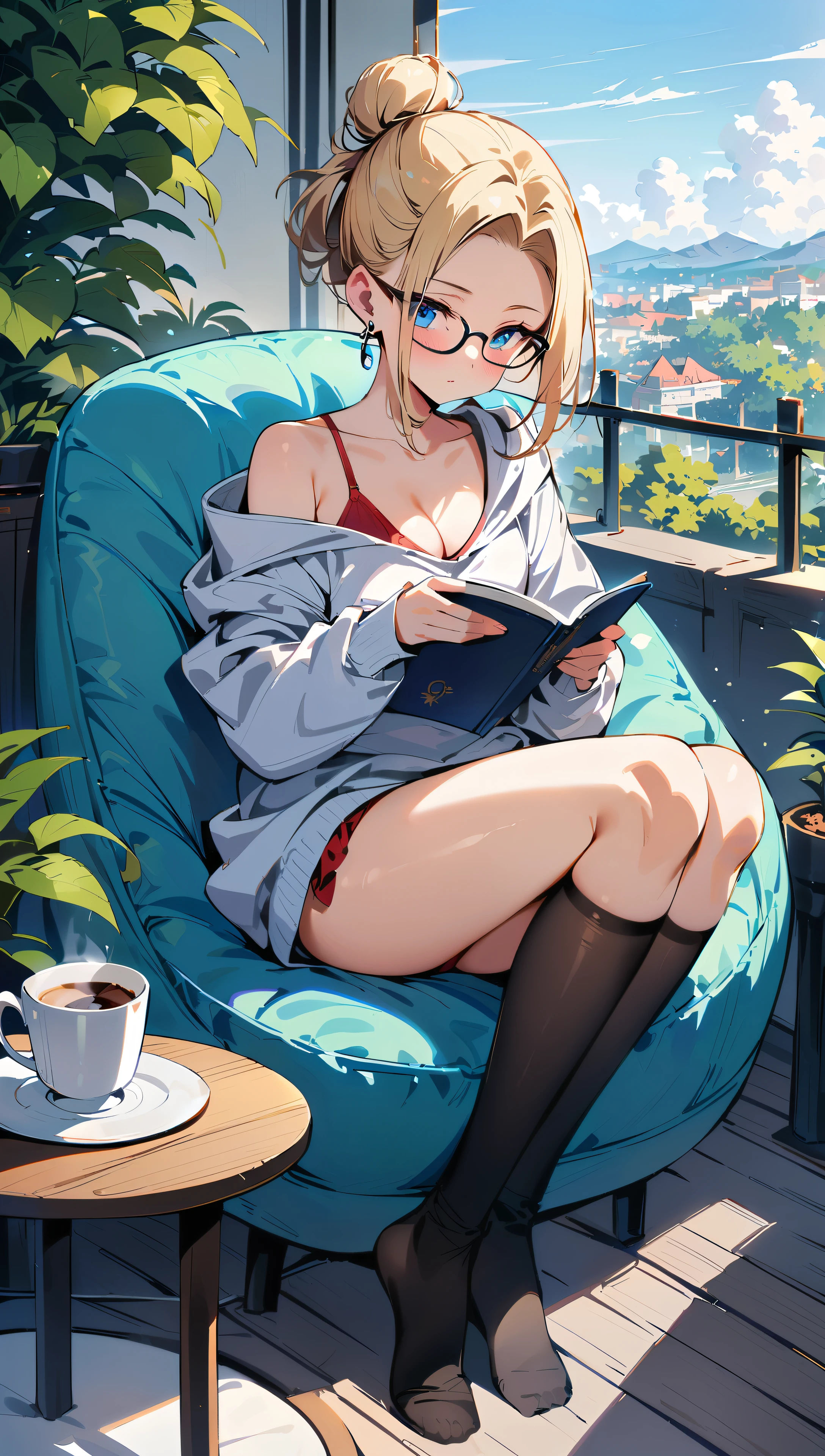 (masterpiece, best quality:1.2), solo, Android 18 from Dragon Ball, ((light gray hooded sweatshirt, Oversized hooded sweatshirt, long sleeve, black thin thigh highs, red , knees up, beautiful butt, thighs)), small breasts, blonde hair, (single hair bun), ((blue eyes)), (wearing glasses), earrings on earlobes, slender feminine figure, skinny body, (reading a book), cleavage, off shoulder, light blush, chill, hot coffee, organized, simple, white-based interior, a few plants, cloudy sky, terrace, magnificent view, blur background, 4K, on the cute chair, (pale blue chair),