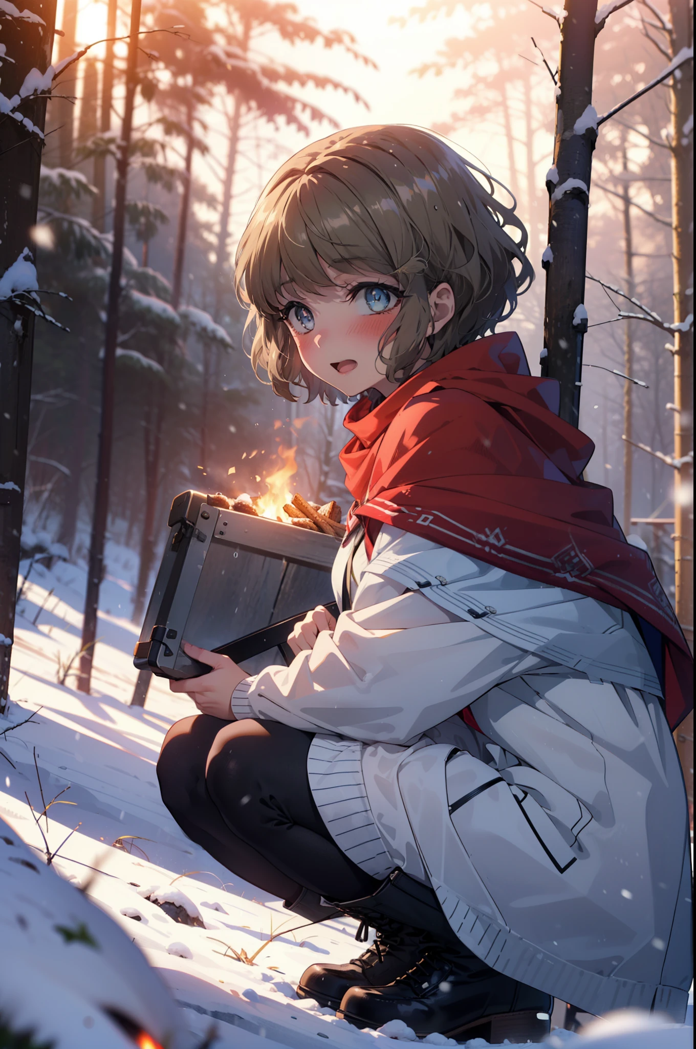 tomoekoga, Chie Koga, short hair, Brown Hair, blue eyes, hair band,smile,blush,White Breath,Medium Chest,
Open your mouth,snow,Ground bonfire, Outdoor, boots, snowing, From the side, wood, suitcase, Cape, Blurred, having meal, forest, White handbag, nature, Squat, Mouth closed, Cape, winter, Written boundary depth, Black shoes, red Cape break looking at viewer, Upper Body, whole body, break Outdoor, forest, nature, break (masterpiece:1.2), Highest quality, High resolution, unity 8k wallpaper, (shape:0.8), (Beautiful and beautiful eyes:1.6), Highly detailed face, Perfect lighting, Highly detailed CG, (Perfect hands, Perfect Anatomy),