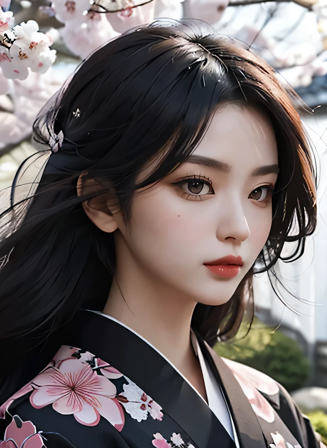 A captivating woman adorned in a striking black kimono, exudes elegance and power, wields a grand, beautifully crafted sword. Surrounding her, delicate sakura leaves and petals create a stirring backdrop.

With intricate details accentuating her attire, the woman's highly detailed face and eyes are the epitome of beauty and sharpness. Her beautifully detailed lips curl in a determined expression, framed by long, luscious lashes. Her raven-black hair cascades down, adding to her regal presence.

Gifted with a dynamic pose, she confidently stands among the sakura blossoms, her