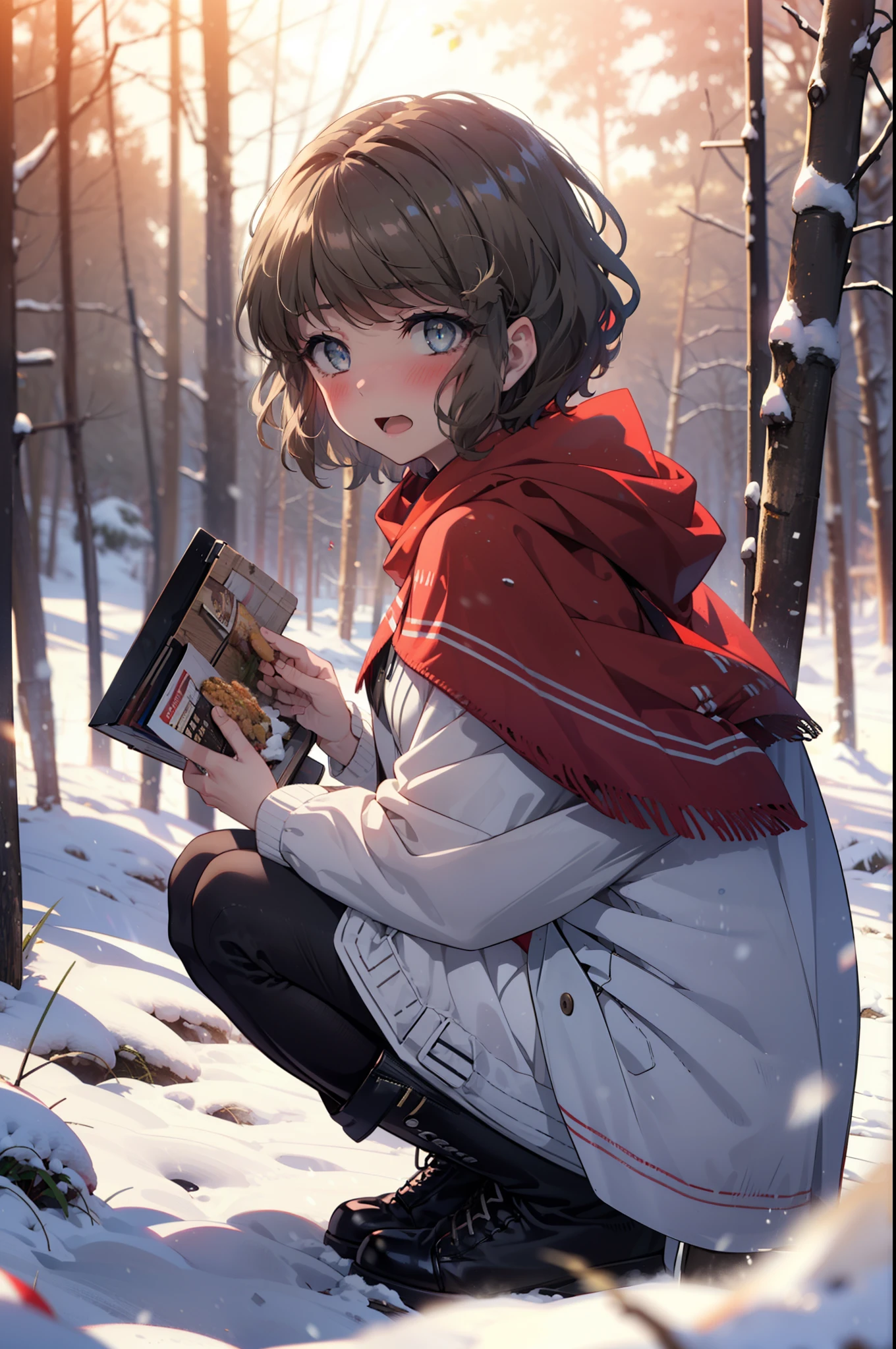 tomoekoga, Chie Koga, short hair, Brown Hair, blue eyes, hair band,smile,blush,White Breath,Medium Chest,
Open your mouth,snow,Ground bonfire, Outdoor, boots, snowing, From the side, wood, suitcase, Cape, Blurred, having meal, forest, White handbag, nature,  Squat, Mouth closed, Cape, winter, Written boundary depth, Black shoes, red Cape break looking at viewer, Upper Body, whole body, break Outdoor, forest, nature, break (masterpiece:1.2), Highest quality, High resolution, unity 8k wallpaper, (shape:0.8), (Beautiful and beautiful eyes:1.6), Highly detailed face, Perfect lighting, Highly detailed CG, (Perfect hands, Perfect Anatomy),