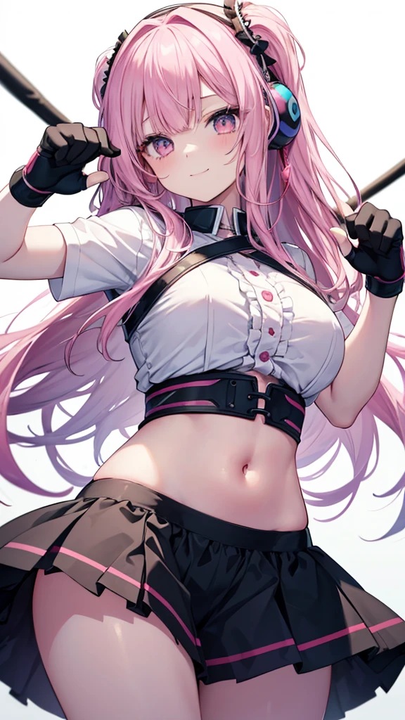 Cute girl with skirt belly punch in the corner of the ring,((masterpiece)), pink long hair,beautiful white skin、 ((charming))、happy smile、perfect proportions、(((Kickboxing)))、(((Mixed wrestling))), cute woman, baby face, BREAK source_anime, high detail, looking at viewer,POV, large , best quality, highly detailed, young face, white background,Droopy eyes, Calm face,A relaxed face,she attacks,frilly skirt