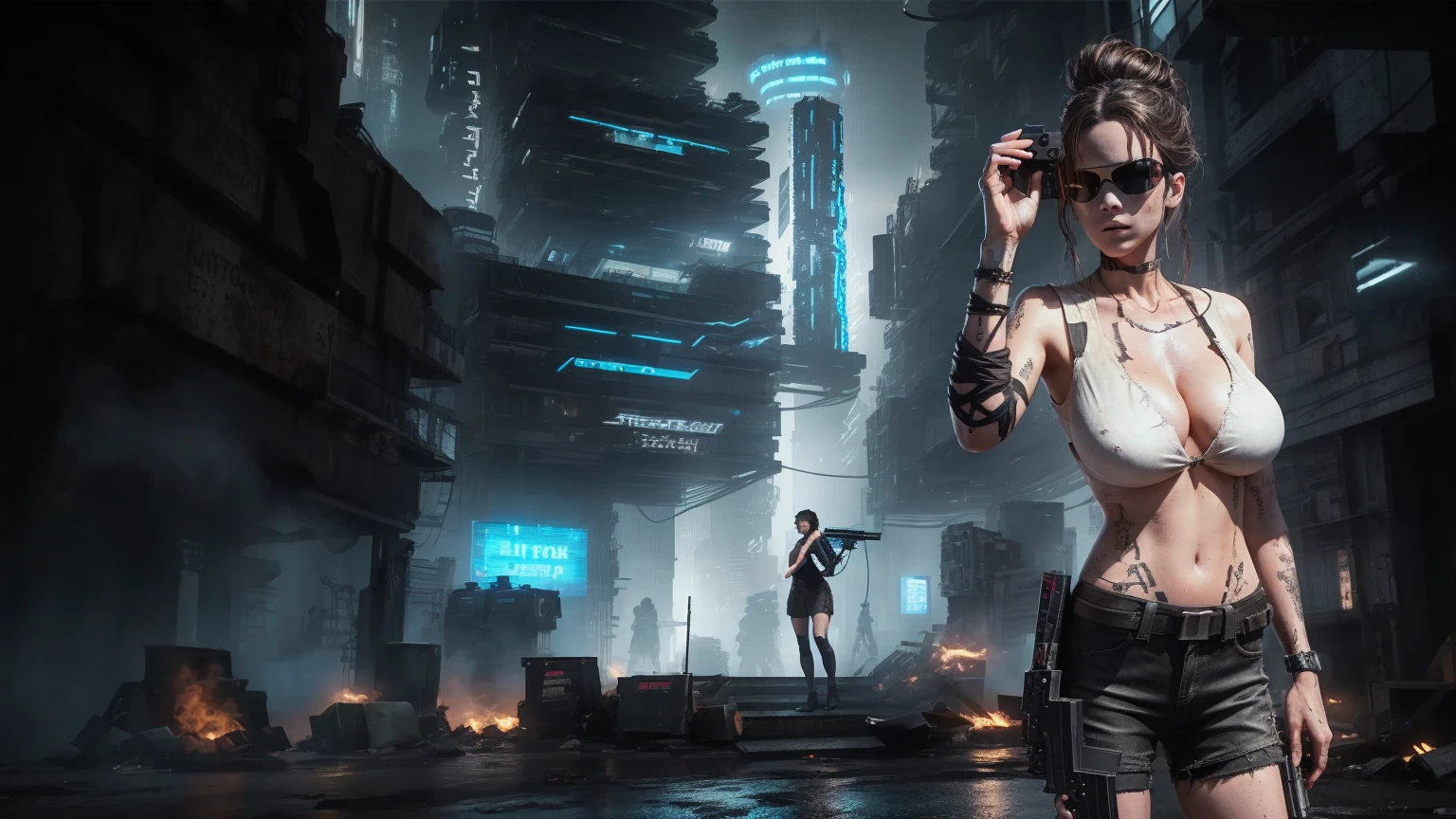 Close-up, a beautiful French woman, tattered clothes, wild long hair, tattered clothes , cleaveage, action movie scene, Dystopian Dinner Cinematic Blade Runner, natta, busy with neon signs, blade runner aesthetics,  film cinematography, gangue trash, attractive person, High emphasis on detail, wearing weather technology equipment, gangue trash, full of life, gangue trash, action movie shot by Kon Satoshi, style semi impasto, dark ink, Atmospheric, Ablaze, lighting dramatic, Beautiful  eyes, symmetric eyes, perfects eyes. Matrix style, (((Matrix cascading code))), (((a futuristic twin tower skyscraper with a unique twisted design))), (((OLED GUI interfaces in the building))), at night, (((((1girl, solo))))), photo realistic, (((((((large-breast:1.2 slim body, cleavage:1.4))))))), (((((off broken mini sling-shirt and black sling , extreamly short pleated  exposing ))))), (((((running pose))))), (((((((matrix style black micro sunglasses))))))), ((((((((((aiming with a short gun)))))))))), (((((looking at camera))))), (((very low view))), (((((half-body thigh level medium shot))))), (((cinematic lighting))).