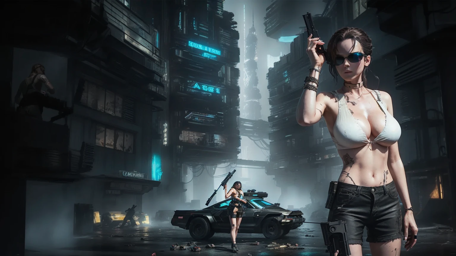 Close-up, a beautiful French woman, tattered clothes, wild long hair, tattered clothes , cleaveage, action movie scene, Dystopian Dinner Cinematic Blade Runner, natta, busy with neon signs, blade runner aesthetics,  film cinematography, gangue trash, attractive person, High emphasis on detail, wearing weather technology equipment, gangue trash, full of life, gangue trash, action movie shot by Kon Satoshi, style semi impasto, dark ink, Atmospheric, Ablaze, lighting dramatic, Beautiful  eyes, symmetric eyes, perfects eyes. Matrix style, (((Matrix cascading code))), (((a futuristic twin tower skyscraper with a unique twisted design))), (((OLED GUI interfaces in the building))), at night, (((((1girl, solo))))), photo realistic, (((((((large-breast:1.2 slim body, cleavage:1.4))))))), (((((off broken mini sling-shirt and black sling , extreamly short pleated  exposing ))))), (((((running pose))))), (((((((matrix style black micro sunglasses))))))), ((((((((((aiming with a short gun)))))))))), (((((looking at camera))))), (((very low view))), (((((half-body thigh level medium shot))))), (((cinematic lighting))).