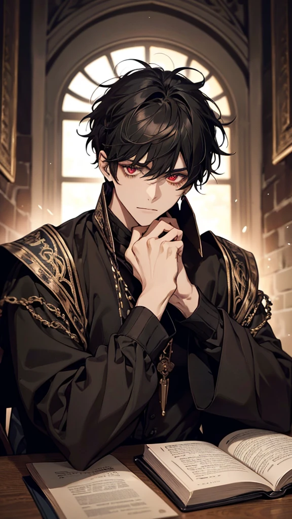 1male, calm, adult, age 25 face, short messy hair with bangs, black hair, red eyes, royalty, wears black clothing, in a ruinscape, adult face, two hands, sitting at a table with a book, adult face, medieval times, close up,  calm