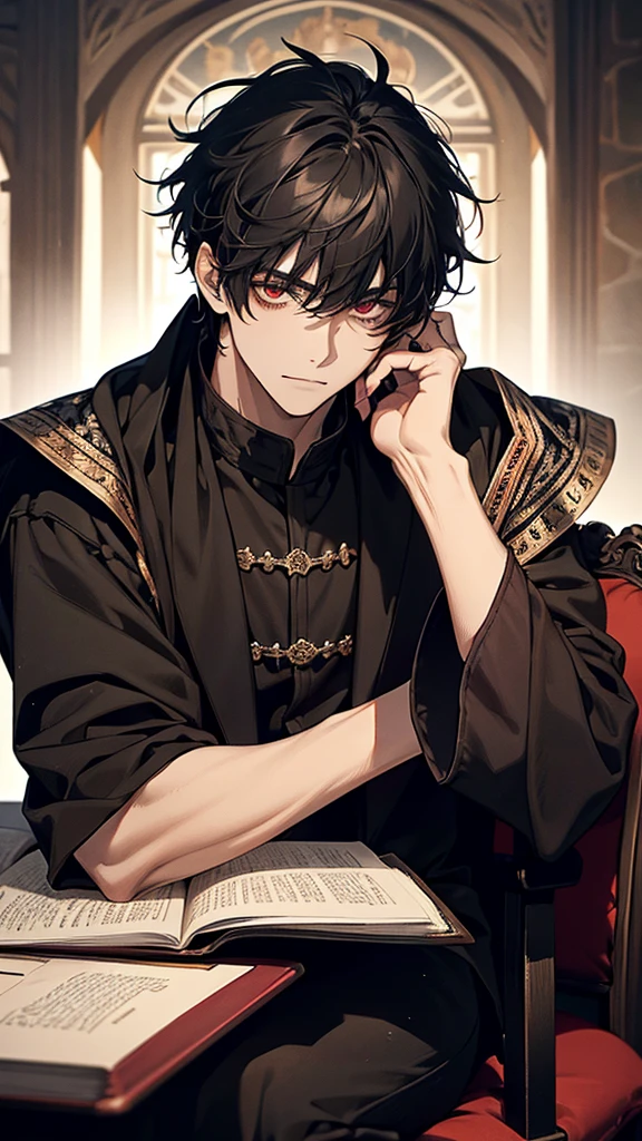 masterpiece, best quality, male character, black hair hair, red eyes, mullet, wavy hair, short hair, vampire, fangs,  religious imagery, rosary, stylized character design, high quality character design, detailed character design, great character design, male, highly detailed outfit, hot, seme, sakuma rei, antique, garter belts, frontage, lateral face, lovely boy, perfect face, detailed eyes, elegant, muscular, handsome man, dark, facing camera, bloody, gothic, vampirism, pierced ears, elegant, handsome, historic, dark background, dark room, candid, neutral face, very dark background, indoors, nighttime, relaxed, peaceful, midnight, posing, prayer, beautiful, happy, kind, gentle, tall man, sexy anime man, hot anime man