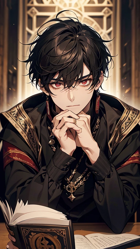 1male, calm, adult, age 25 face, short messy hair with bangs, black hair, red eyes, royalty, wears black clothing, in a ruinscape, adult face, two hands, sitting at a table with a book, adult face, medieval times, close up,  calm