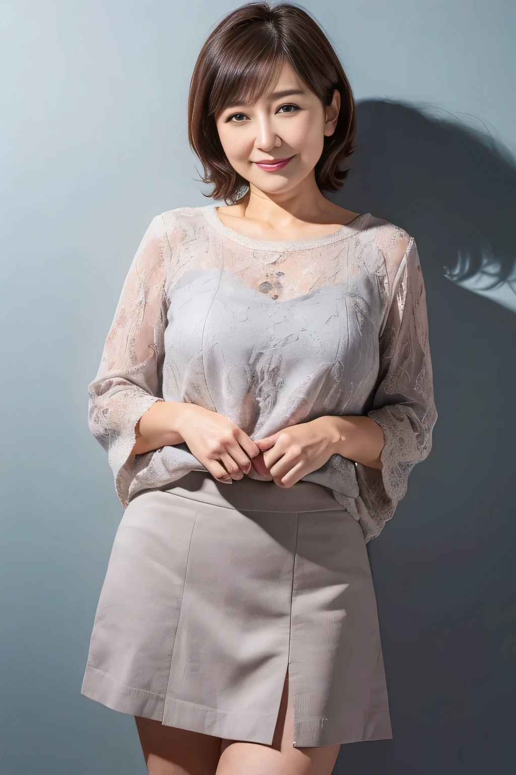 Realistic(masterpiece、Highest quality)、Short-haired woman、Japanese、Mature Woman,smile、Plain gray background、30 years old、whole body、Light clothing、Emphasize large 、.Beautiful legs