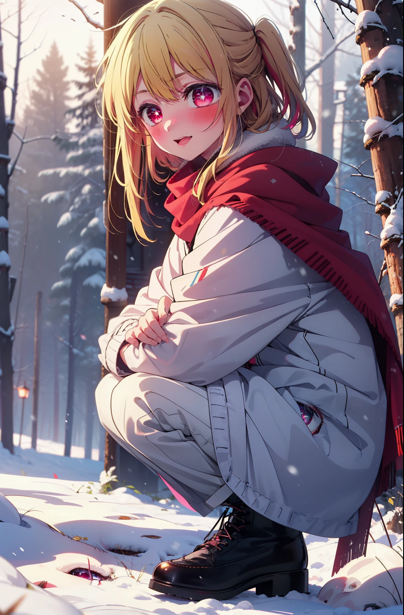 rubyhoshino, Hoshino Ruby, Long Hair, bangs, Blonde, (Pink Eyes:1.3), Side Lock, (Symbol-shaped pupil:1.5), Multicolored Hair, Two-tone hair, smile,,smile,blush,White Breath,
Open your mouth,snow,Ground bonfire, Outdoor, boots, snowing, From the side, wood, suitcase, Cape, Blurred, , forest, White handbag, nature,  Squat, Mouth closed, Cape, winter, Written boundary depth, Black shoes, red Cape break looking at viewer, Upper Body, whole body, break Outdoor, forest, nature, break (masterpiece:1.2), Highest quality, High resolution, unity 8k wallpaper, (shape:0.8), (Beautiful and beautiful eyes:1.6), Highly detailed face, Perfect lighting, Highly detailed CG, (Perfect hands, Perfect Anatomy),