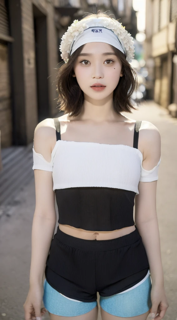 ((Best Quality, 8K, Masterpiece: 1.3)), (Flower Cap: 1.3), Focus: 1.2, Perfect Body Beauty: 1.4, Buttocks: 1.2, (Layered Haircut: 1.2)), (Dark Street: 1.3), Highly Detailed Face and Skin Texture, Full Body, Delicate Eyes, Double Eyelids, Whitened Skin, Long Hair, (Round Face: 1.5), (Loose Crop Top, Shorts: 1.6)