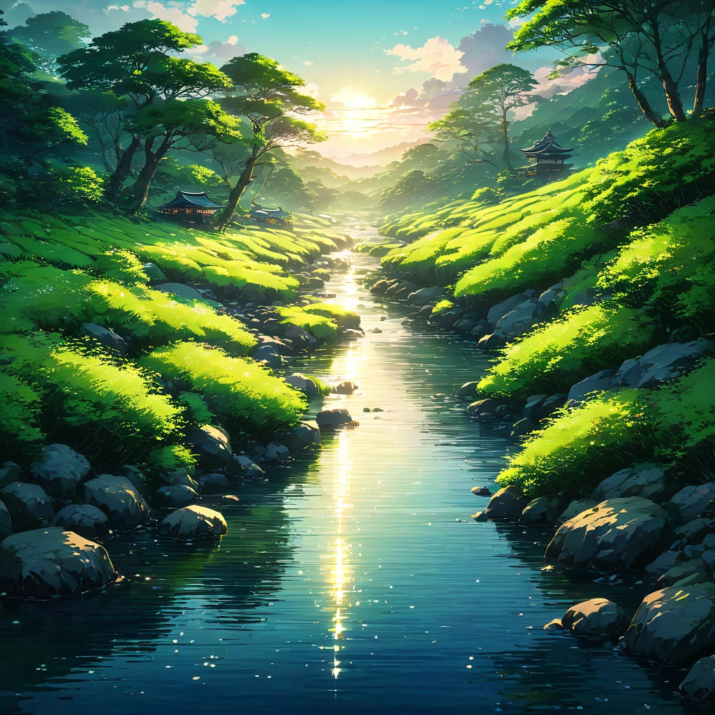 Chilling sake in a cold river、Midsummer、night、beautiful Anime Scenery, Landscape painting, Beautiful digital painting, Andreas Rocha, Beautiful artwork illustration, Awesome Wallpapers, Raymond Han, Tall beautiful paintings, Studio Greeble Makoto Shinkai, Beautiful Wallpapers, Anime Scenery
