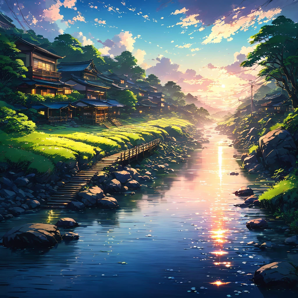 Chilling sake in a cold river、Midsummer、night、beautiful Anime Scenery, Landscape painting, Beautiful digital painting, Andreas Rocha, Beautiful artwork illustration, Awesome Wallpapers, Raymond Han, Tall beautiful paintings, Studio Greeble Makoto Shinkai, Beautiful Wallpapers, Anime Scenery