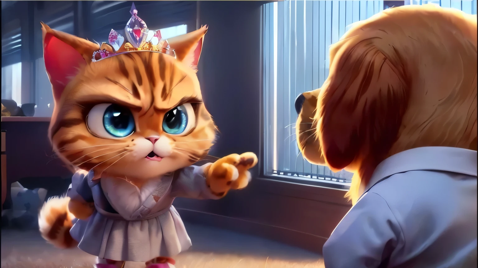 a close up of a cat with a crown on its head, new cats movie, garfield the cat, animated film, animated movie, animated movie scene, angry cat, there is a cat next to her, zootopia 2, garfield, anthropomorphic female cat, scene from live action movie, with garfield the cartoon cat, meow, screenshot from a movie